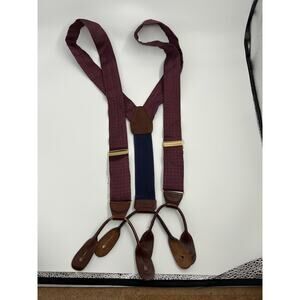 CAS W Germany Red Blue Print Suspenders Braces Silk Brass Brown Button Leather